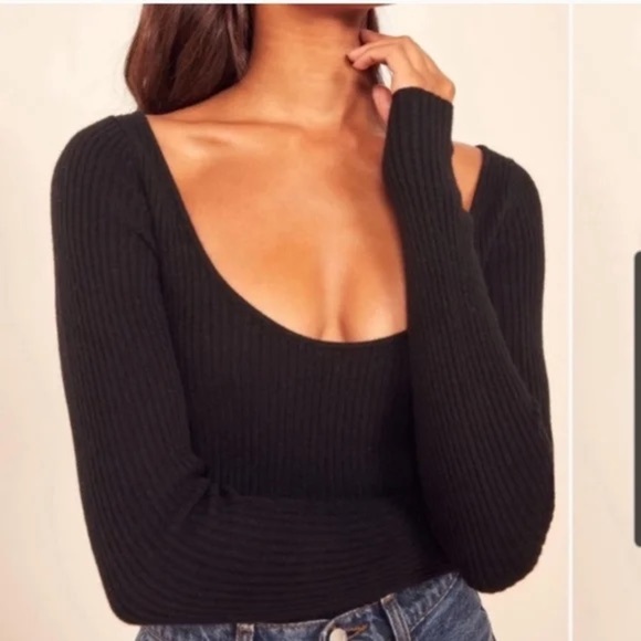 Reformation Mia Black Cashmere Ribbed Scoop Neck Sweater Small - Picture 1 of 8